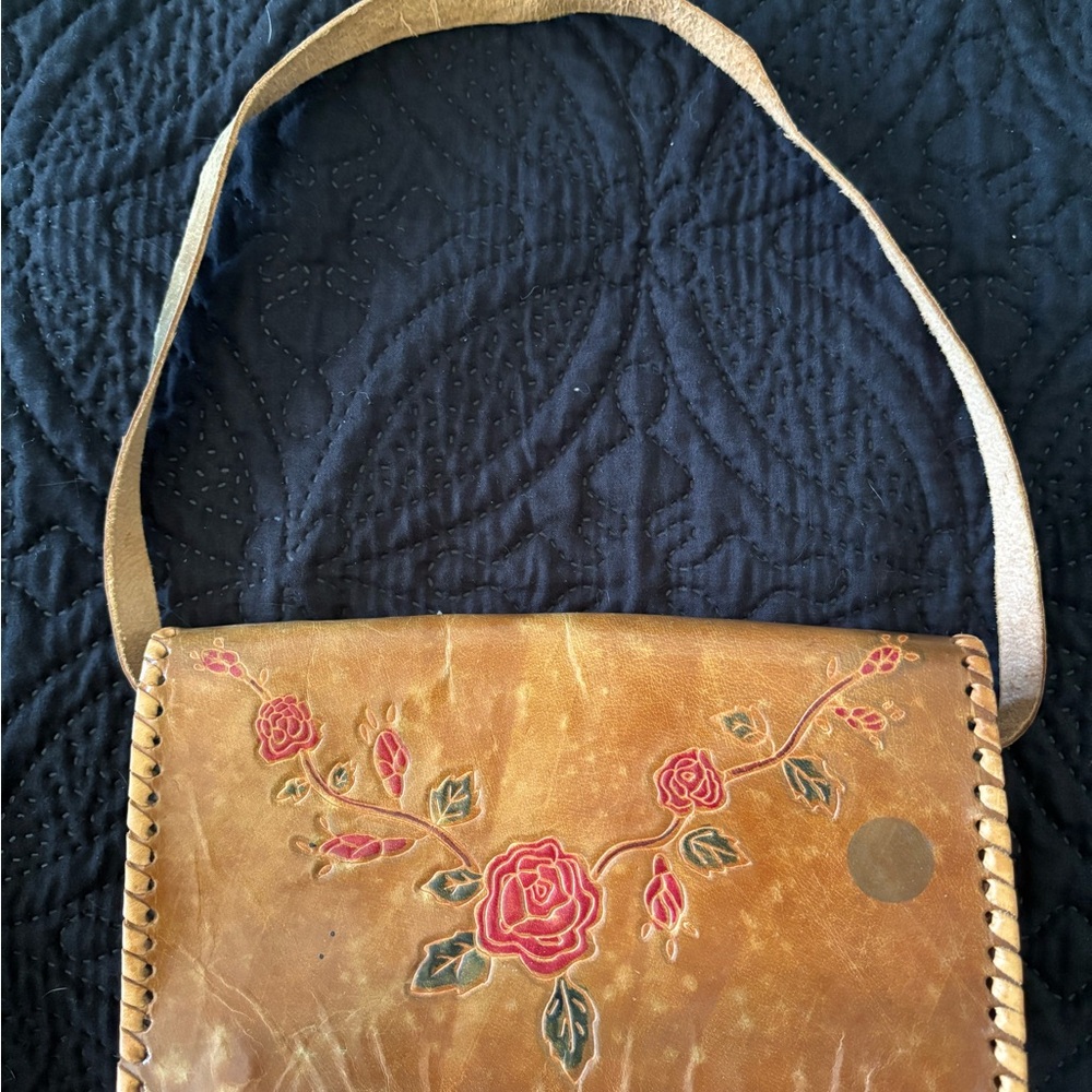 Vintage Wilsons Leather Tan and Green Shoulder Bag with Floral Embroidery